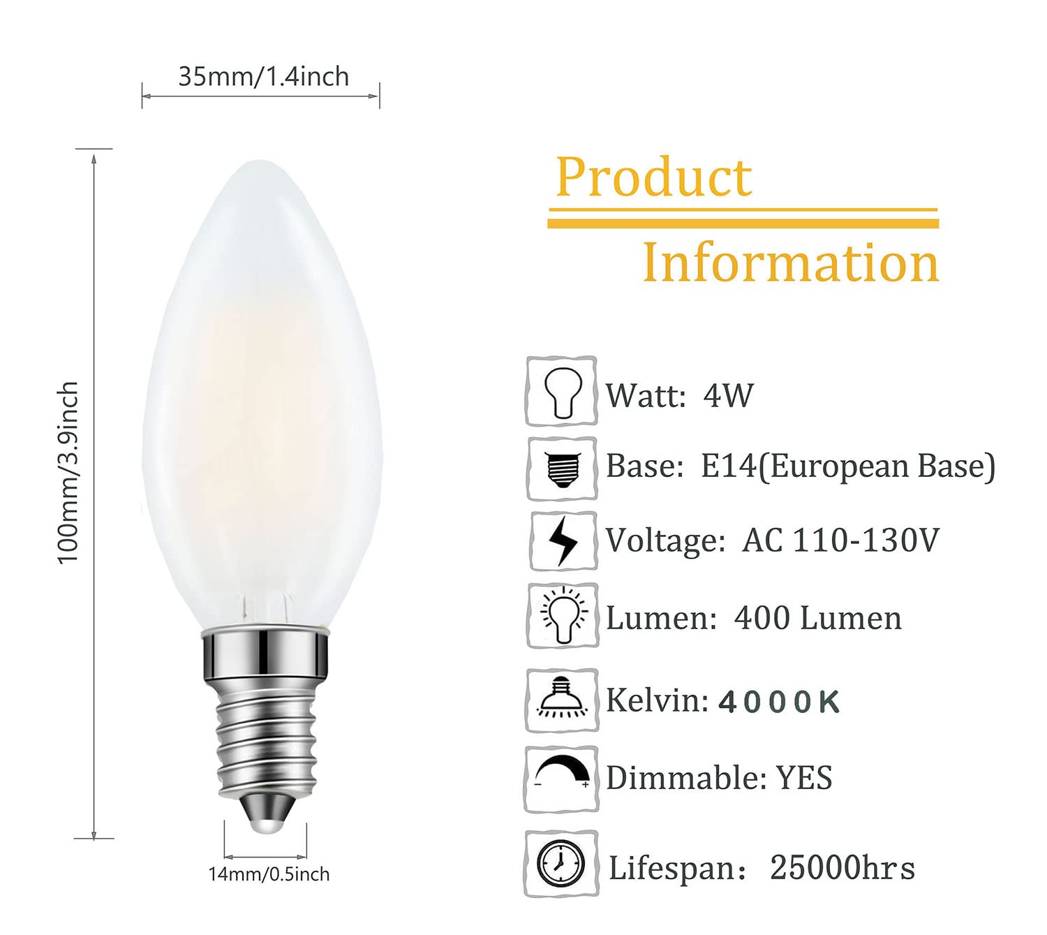 E14 LED Chandelier Bulb 4W 40W Equivalent Warm White Dimmable 6 Pack