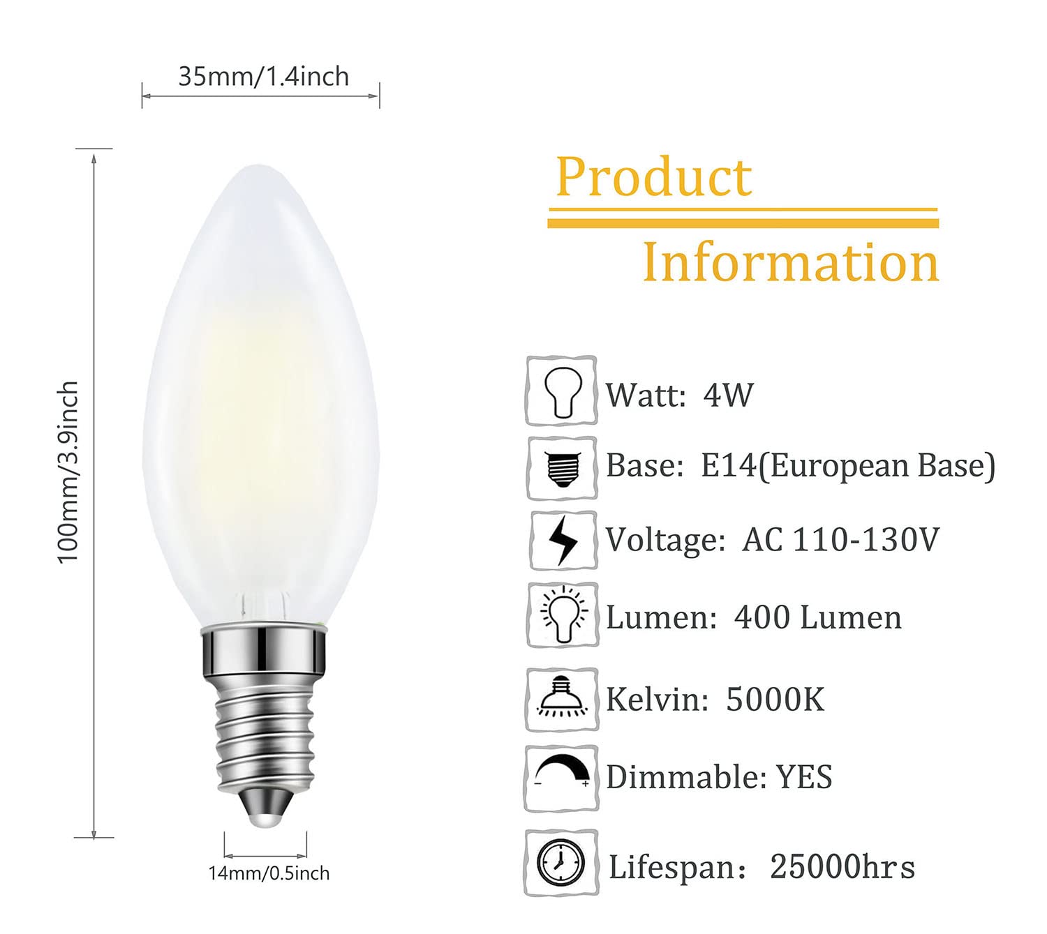 E14 LED Chandelier Bulb 4W 40W Equivalent Warm White Dimmable 6 Pack