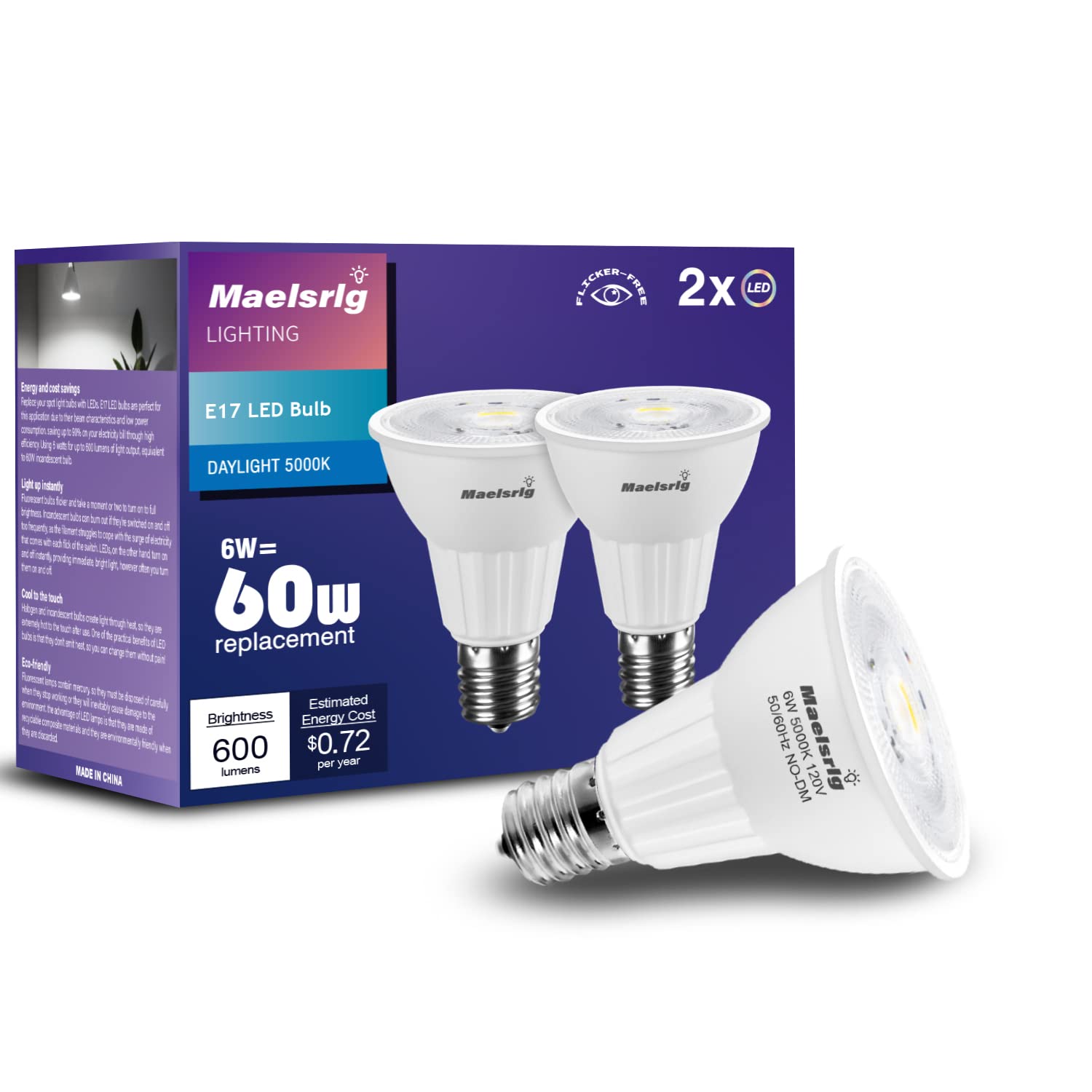 E17 LED Spotlight Bulb 6W 60W Equivalent Warm White 3000K 2 Pack