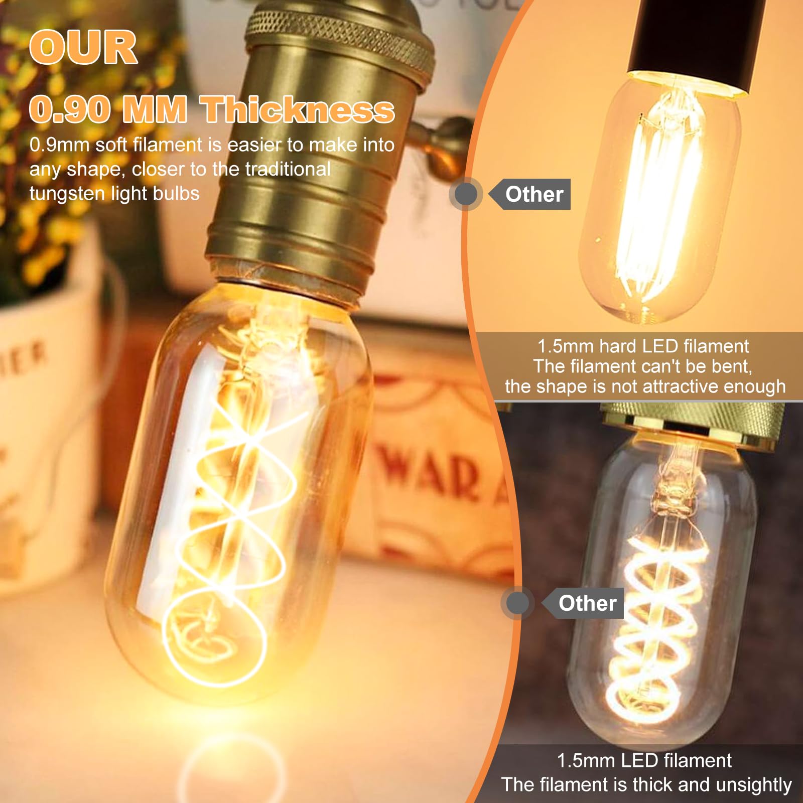 E26 LED Edison Bulb 4W 40W Equivalent Warm White 2200K Dimmable 2 Pack