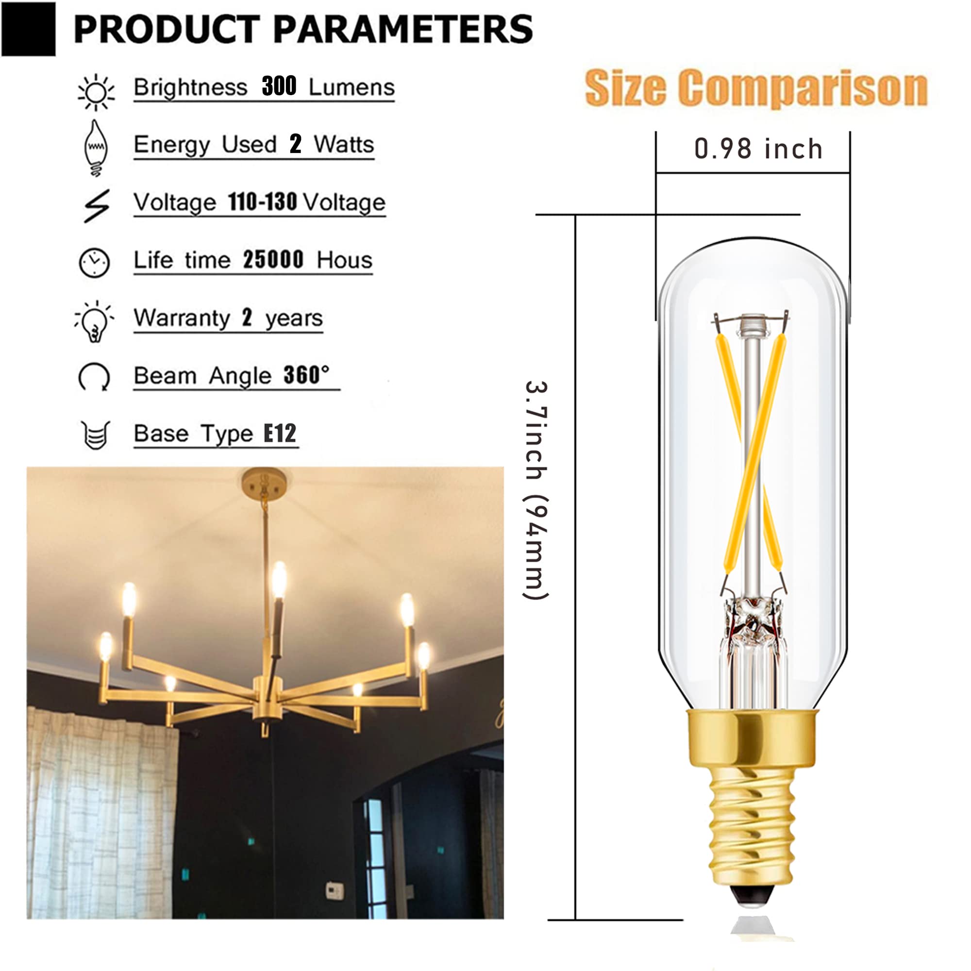 E12 LED Candelabra Bulb 2W Warm White 2500K Dimmable 12 Pack