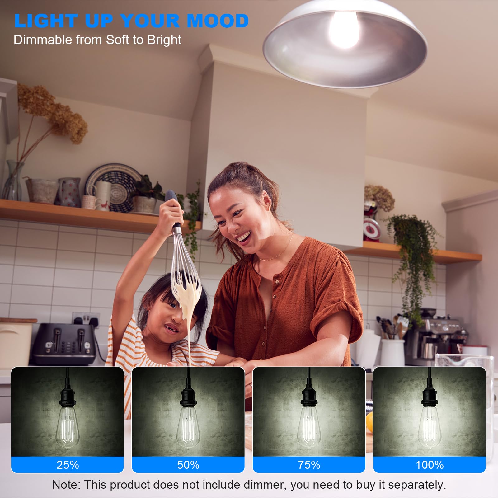 E26 LED Edison Bulb 8W 80W Equivalent Daylight 5000K Dimmable 6 Pack