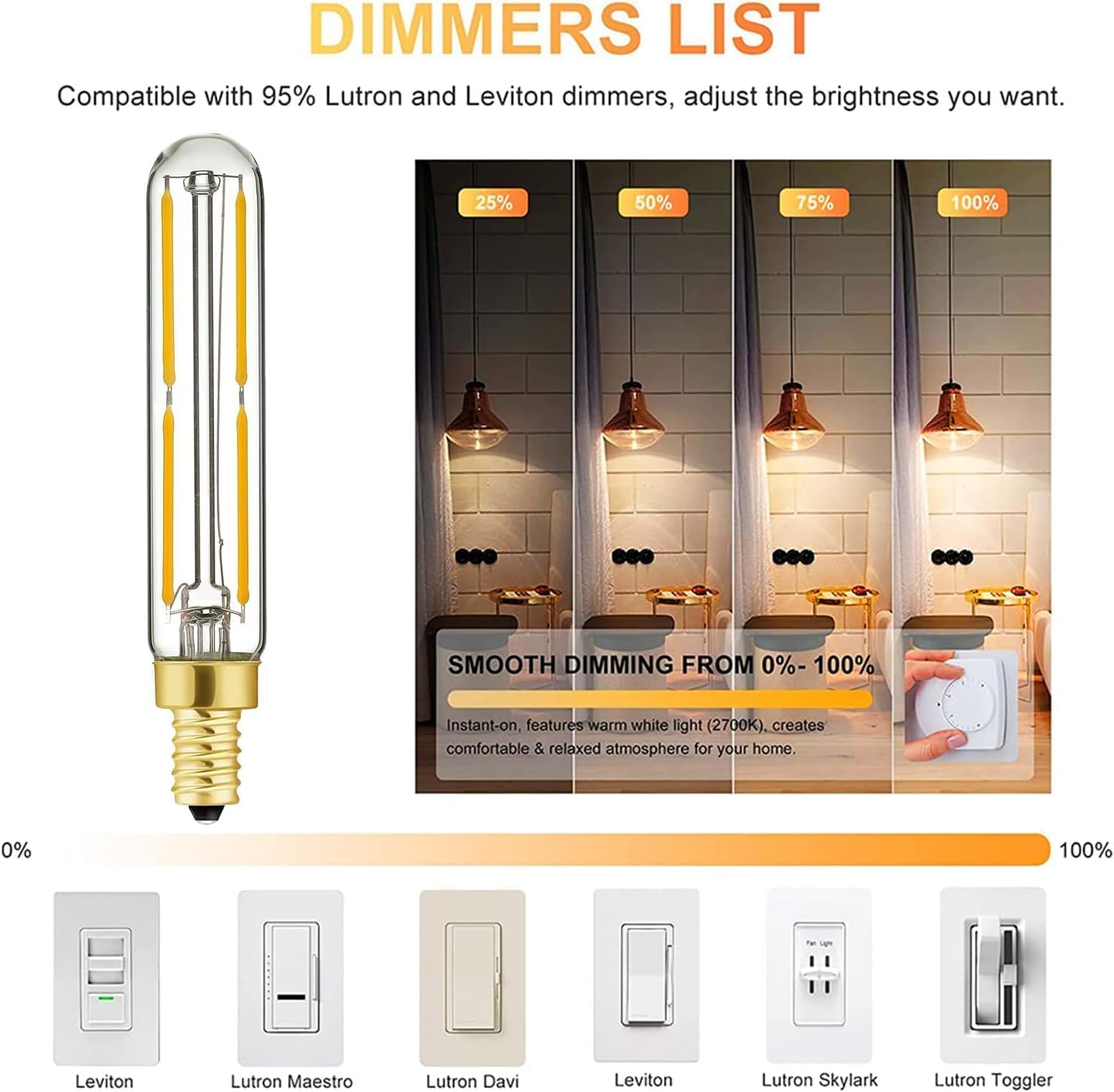 E12 LED Candelabra Bulb 2W Warm White 2500K Dimmable 12 Pack