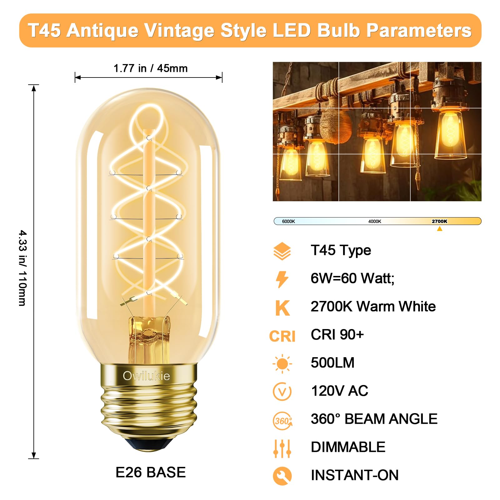 E26 LED Edison Bulb 4W 40W Equivalent Warm White 2200K Dimmable 2 Pack