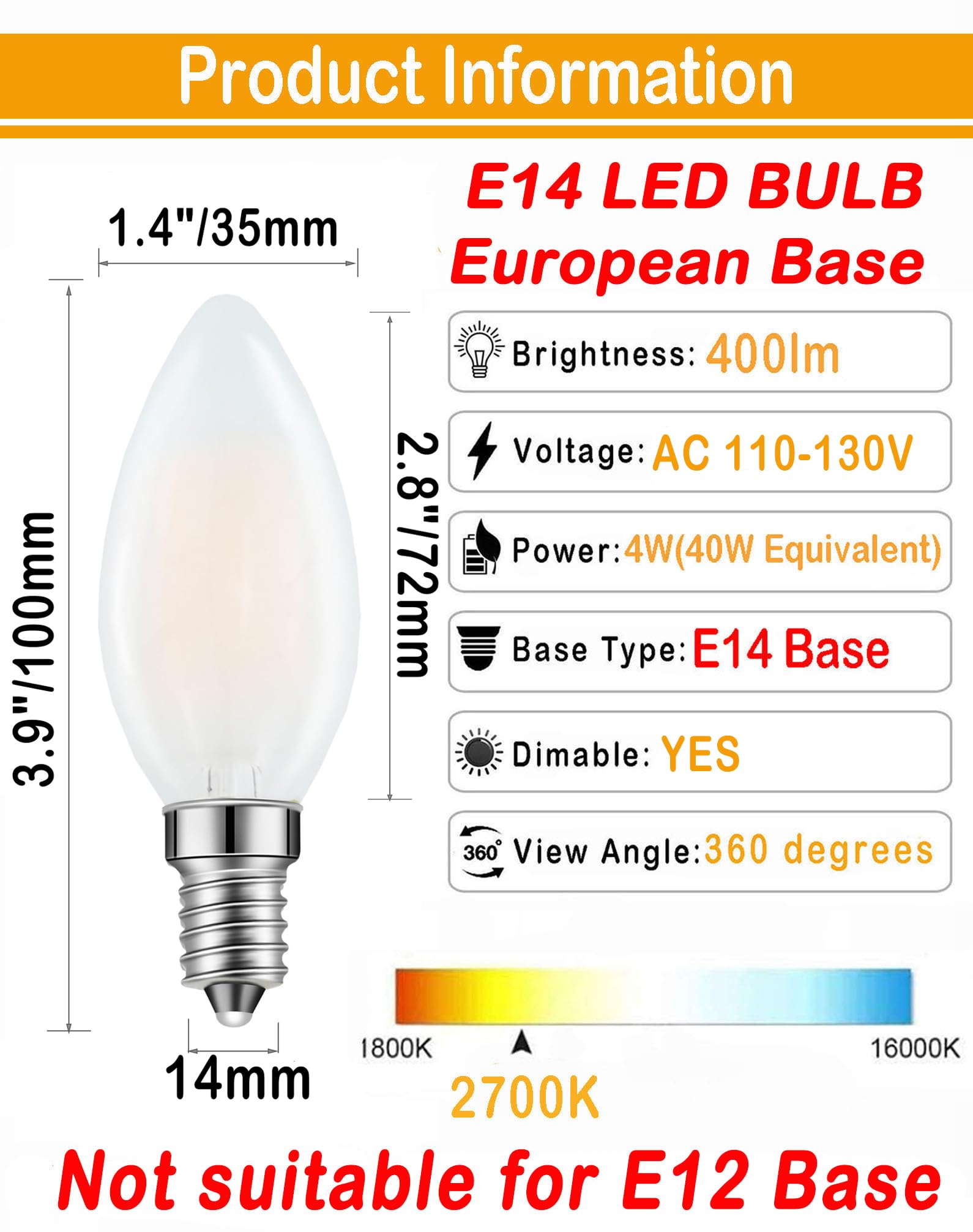 E14 LED Chandelier Bulb 4W 40W Equivalent Warm White Dimmable 6 Pack