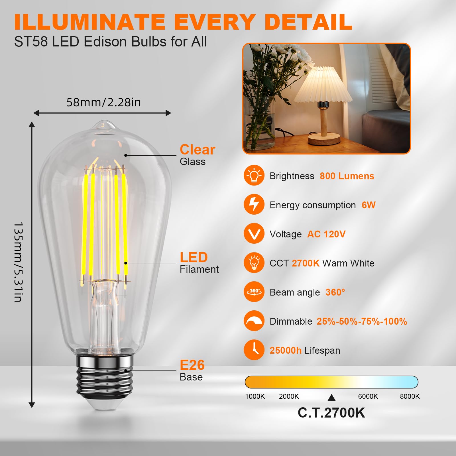 E26 LED Edison Bulb 8W 80W Equivalent Daylight 5000K Dimmable 6 Pack