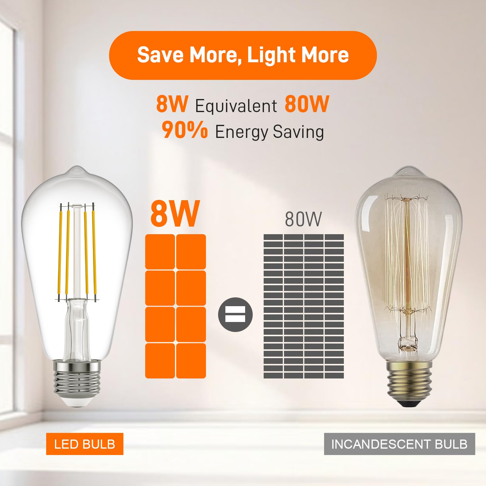 E26 LED Edison Bulb 8W 80W Equivalent Daylight 5000K Dimmable 6 Pack
