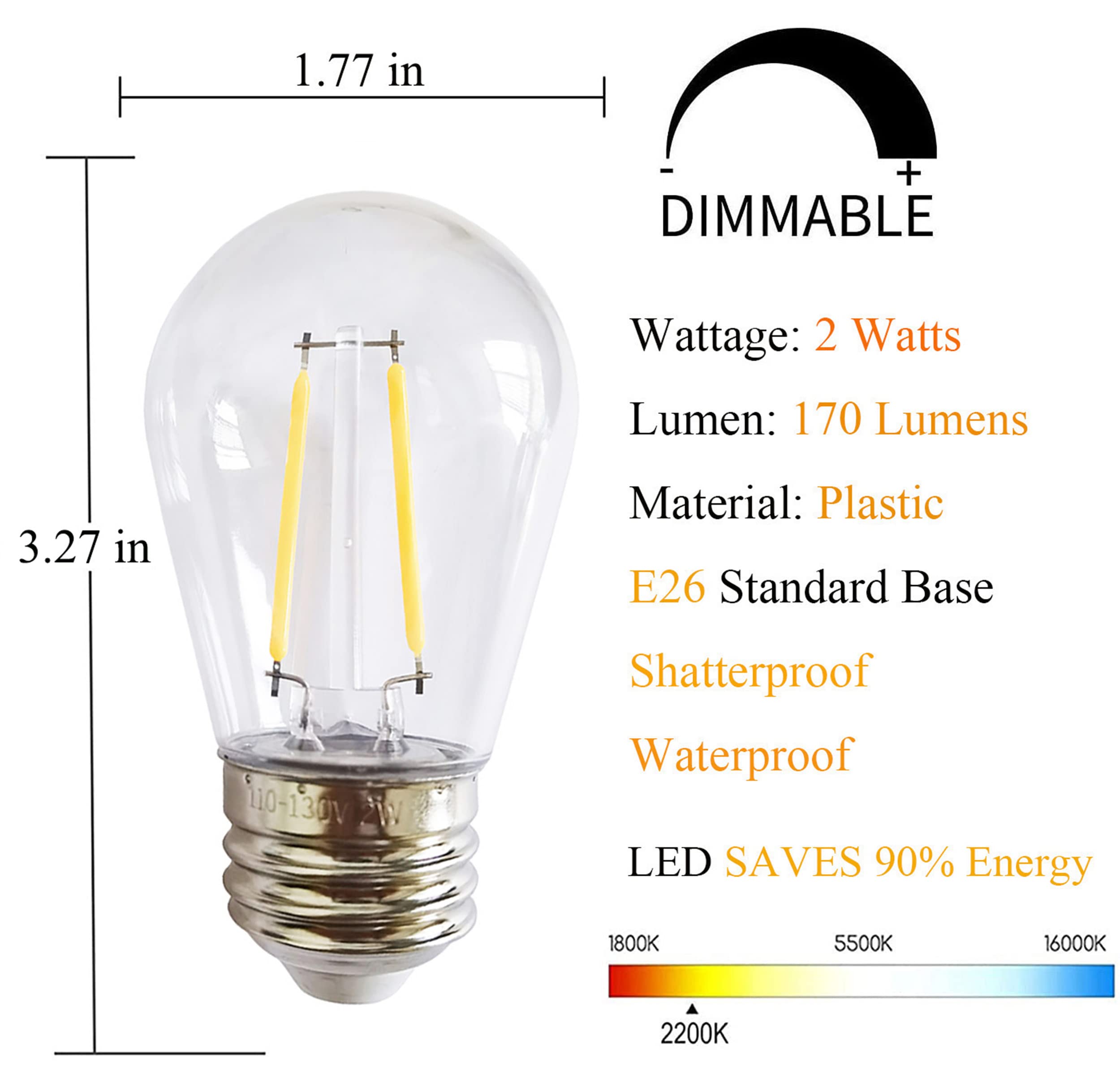 S14 LED String Light Bulbs 2W Clear Replacement Bulbs E26 25 Pack