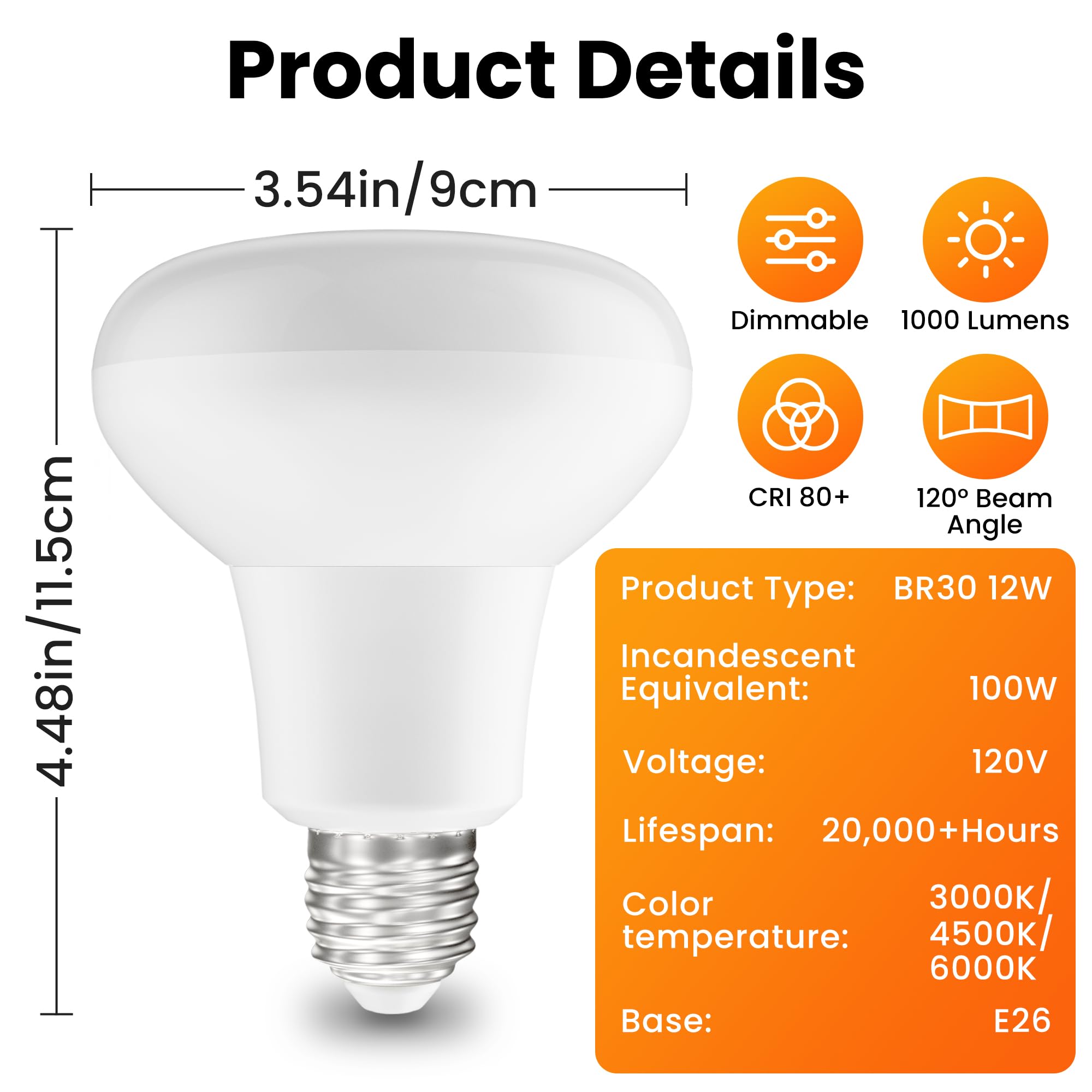 BR30 LED Flood Light Bulb 65W Equivalent 1000LM 3 Color Dimmable 2 Pack