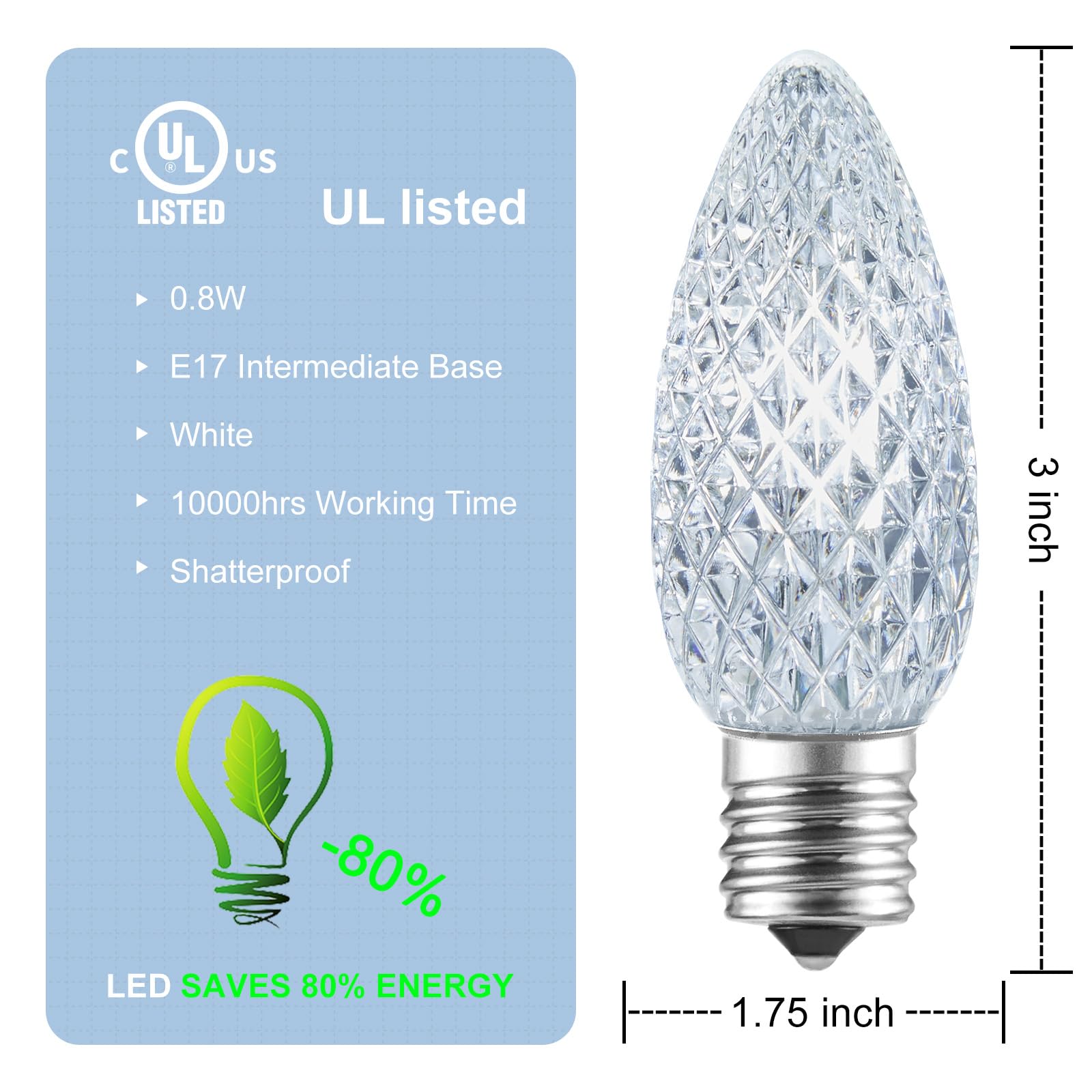 C9 LED Christmas Replacement Bulbs 50 Pack Cool White Shatterproof E17 Base