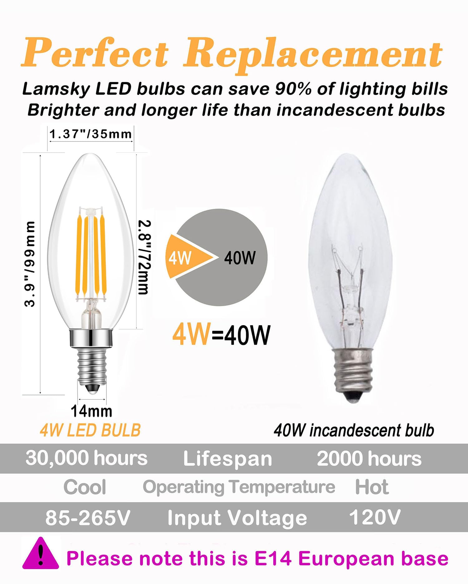 E14 LED Chandelier Bulb 4W 40W Equivalent Warm White Dimmable 6 Pack