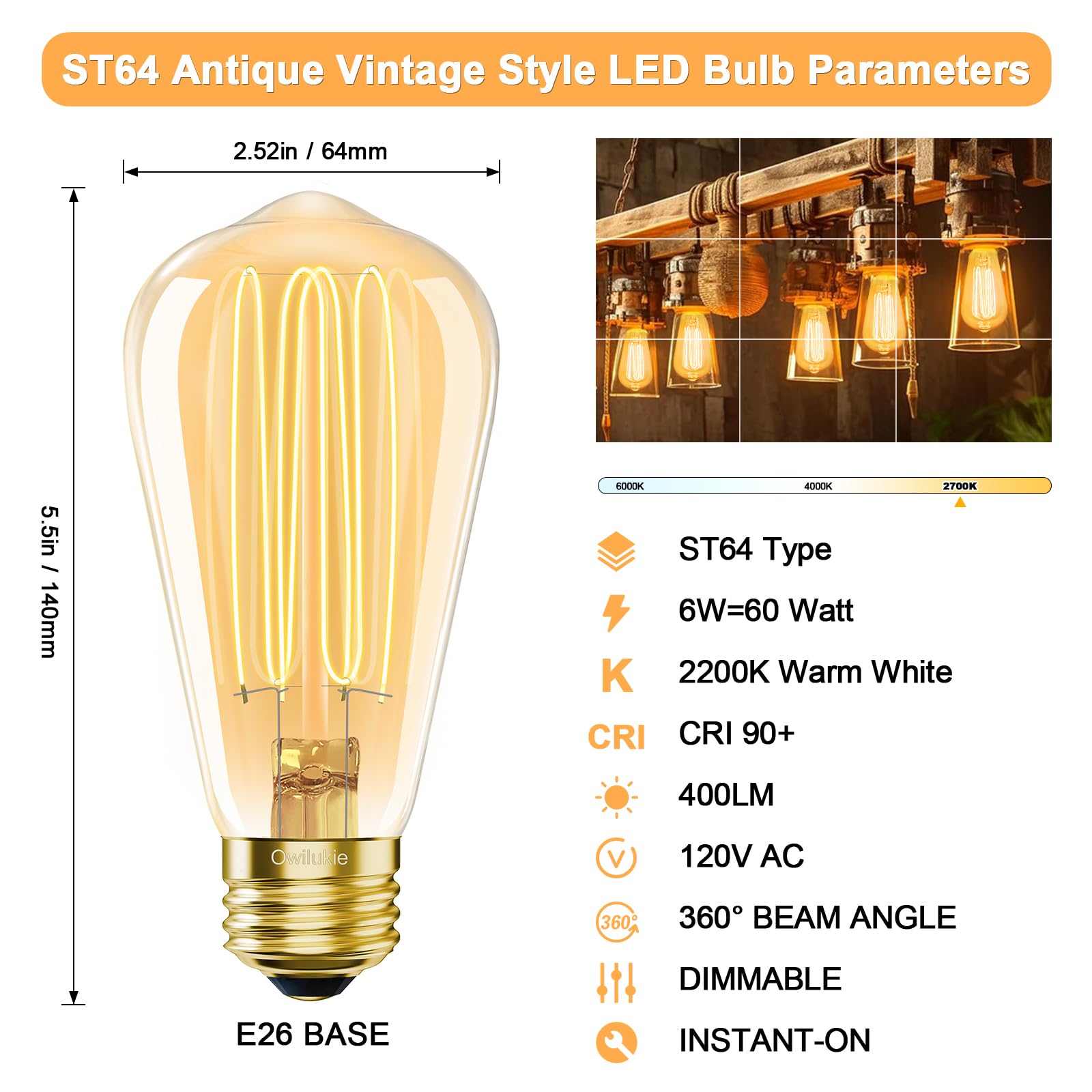 E26 LED Edison Bulb 4W 40W Equivalent Warm White 2200K Dimmable 4 Pack