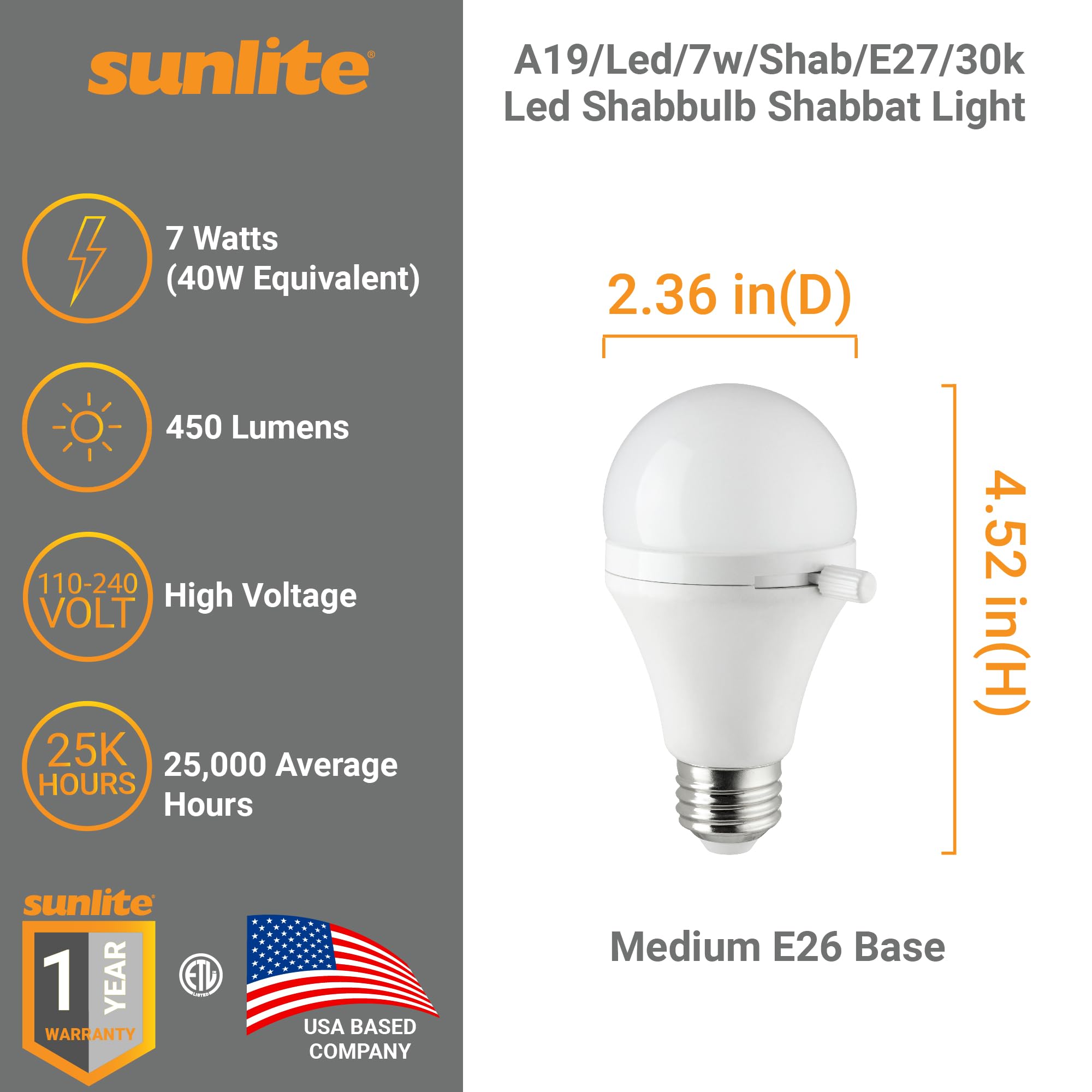 Shabbat Permissible LED Bulb 7W 40W Equivalent Warm White 3000K