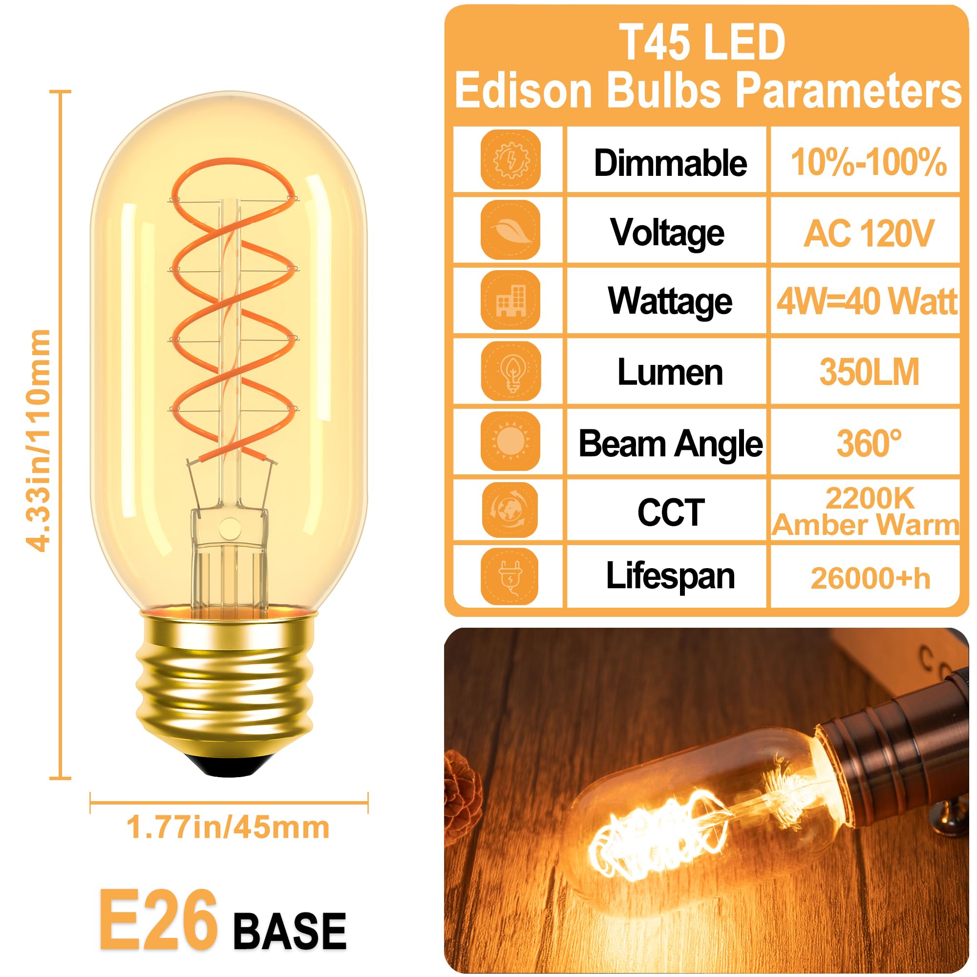 Vintage Edison LED Bulb 6W 60W Equivalent Dimmable Amber Warm Light 4 Pack