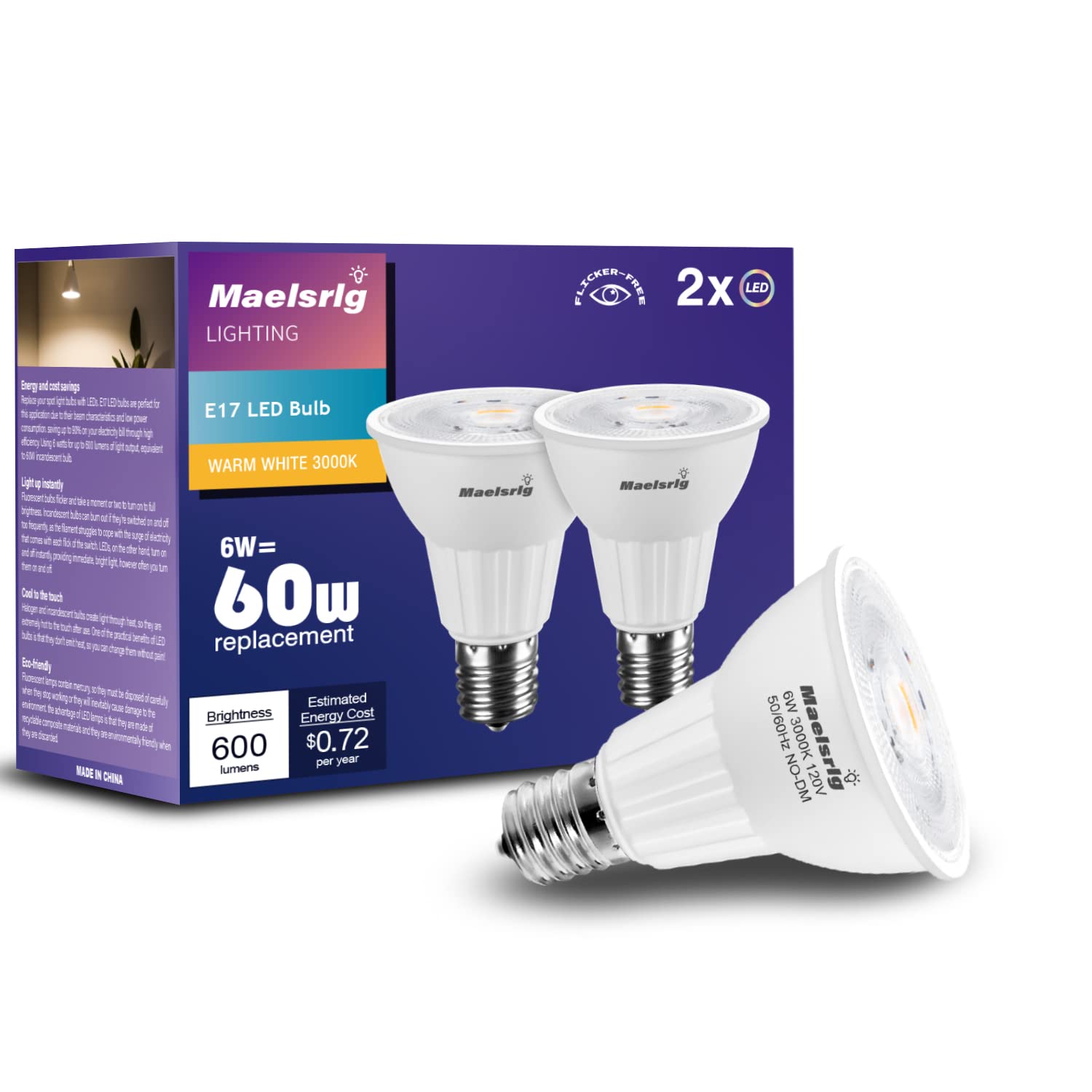 E17 LED Spotlight Bulb 6W 60W Equivalent Warm White 3000K 2 Pack