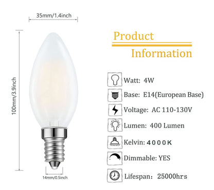 E14 LED Chandelier Bulb 4W 40W Equivalent Warm White Dimmable 6 Pack