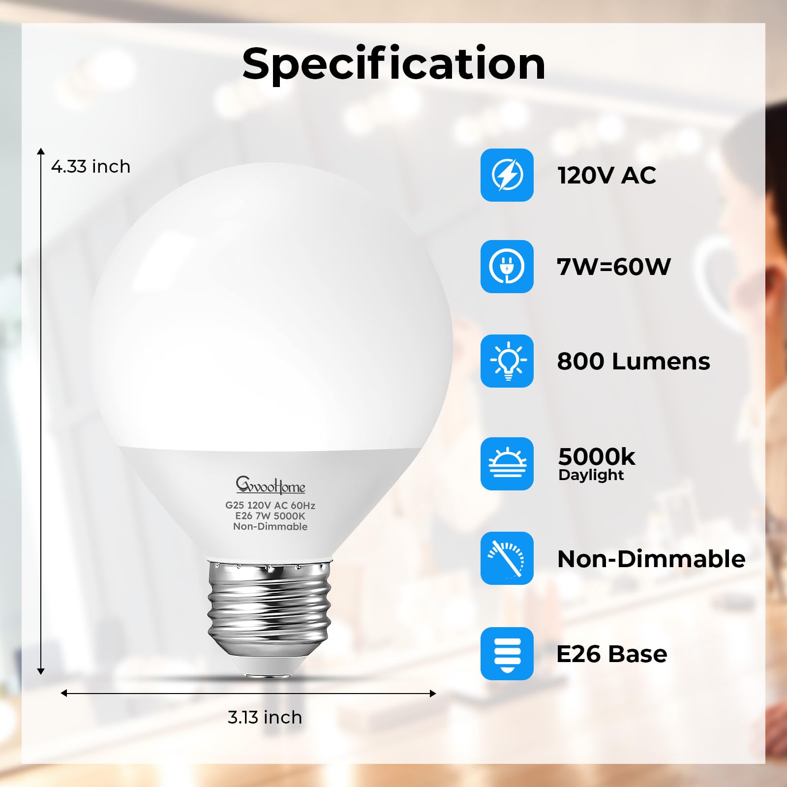 Vanity G25 LED Globe Bulbs 60W Equivalent Daylight 5000K 800LM E26 4 Pack