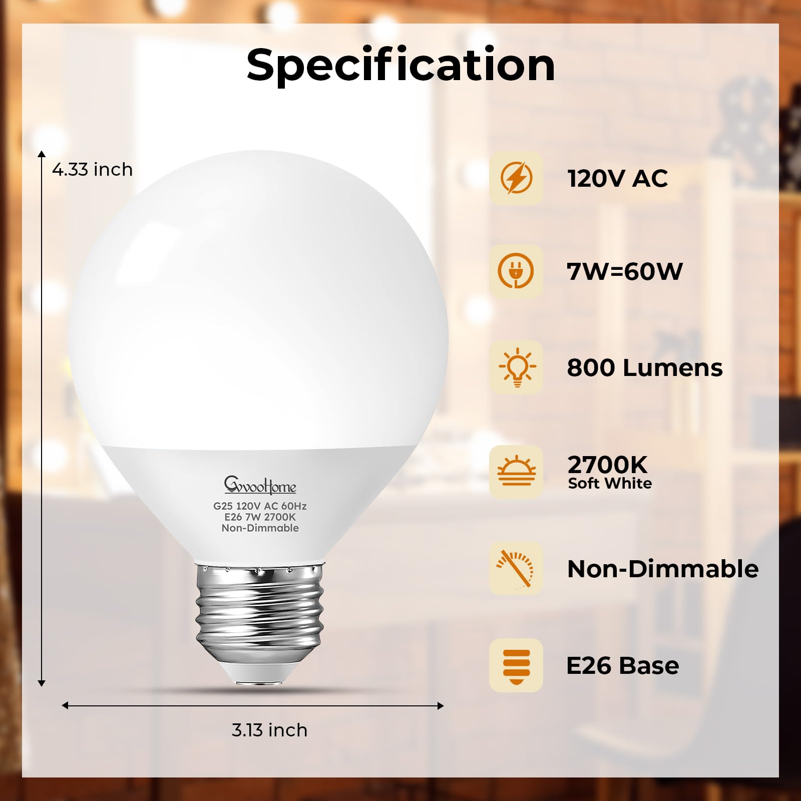 Vanity G25 LED Globe Bulbs 60W Equivalent Daylight 5000K 800LM E26 4 Pack