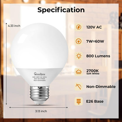 Vanity G25 LED Globe Bulbs 60W Equivalent Daylight 5000K 800LM E26 4 Pack