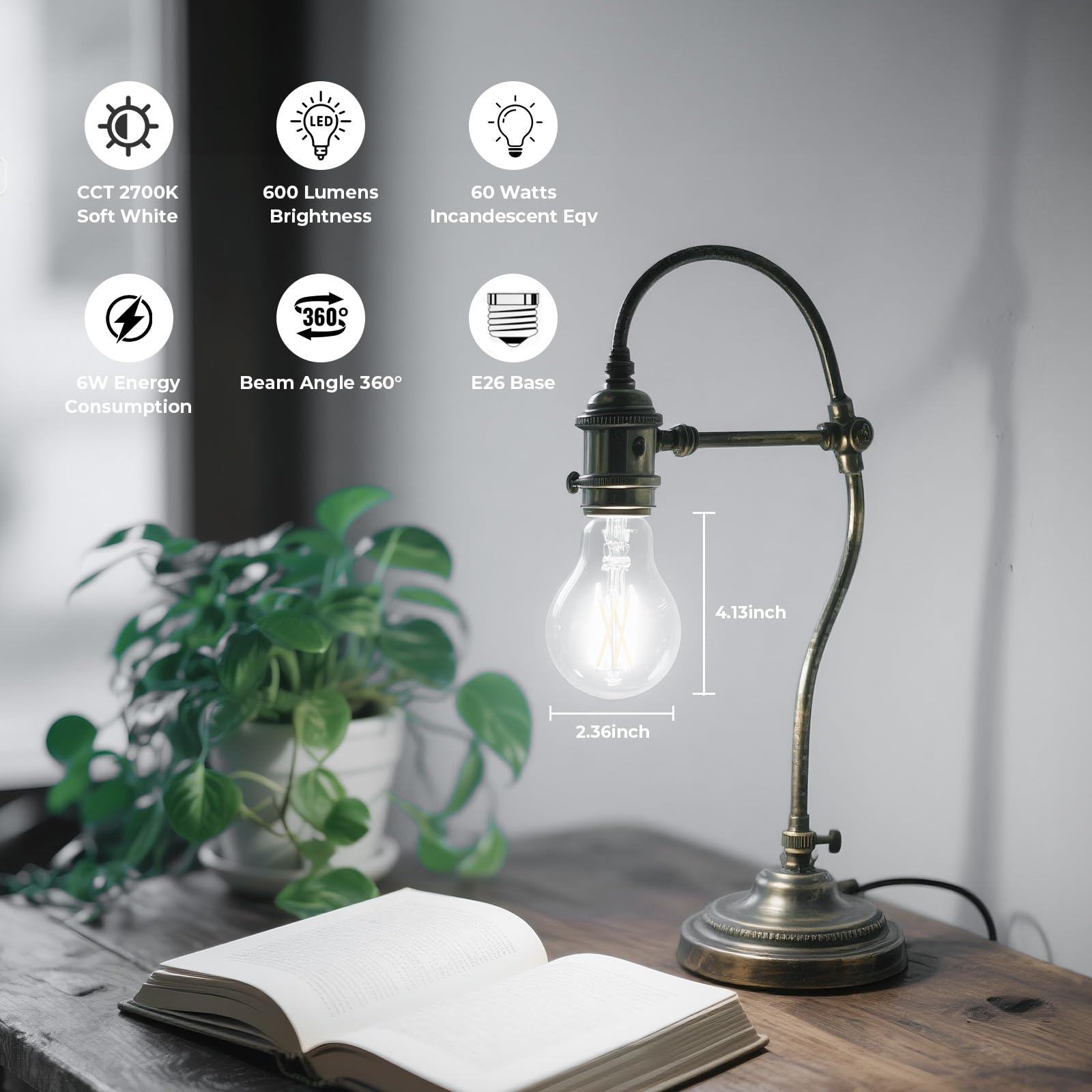 E26 LED Edison Bulb 6W 60W Equivalent Soft White 2700K Dimmable 6 Pack