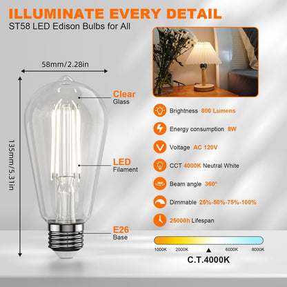 E26 LED Edison Bulb 8W 80W Equivalent Daylight 5000K Dimmable 6 Pack