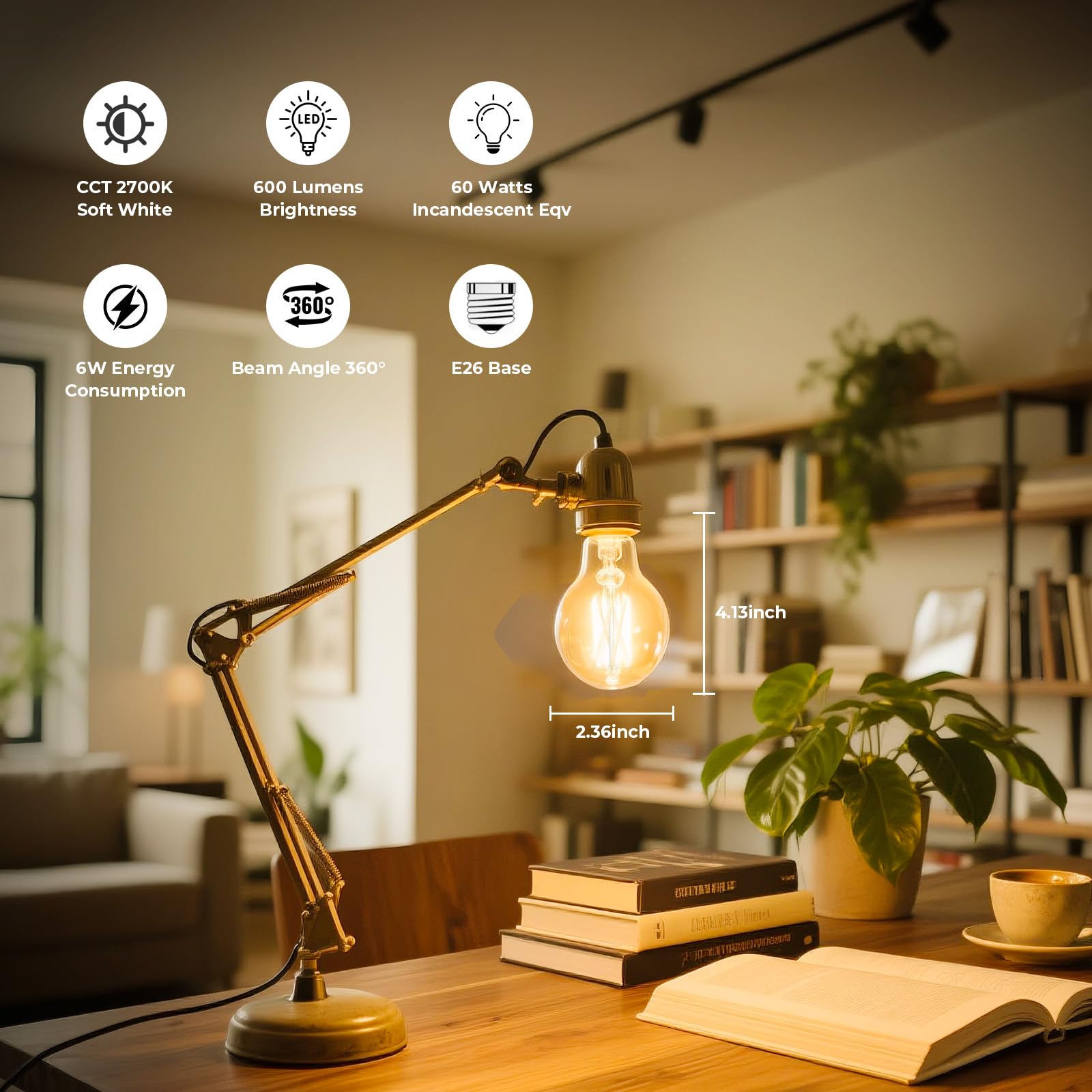 E26 LED Edison Bulb 6W 60W Equivalent Soft White 2700K Dimmable 6 Pack