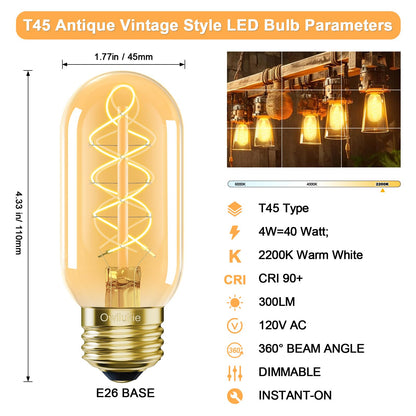 E26 LED Edison Bulb 4W 40W Equivalent Warm White 2200K Dimmable 2 Pack