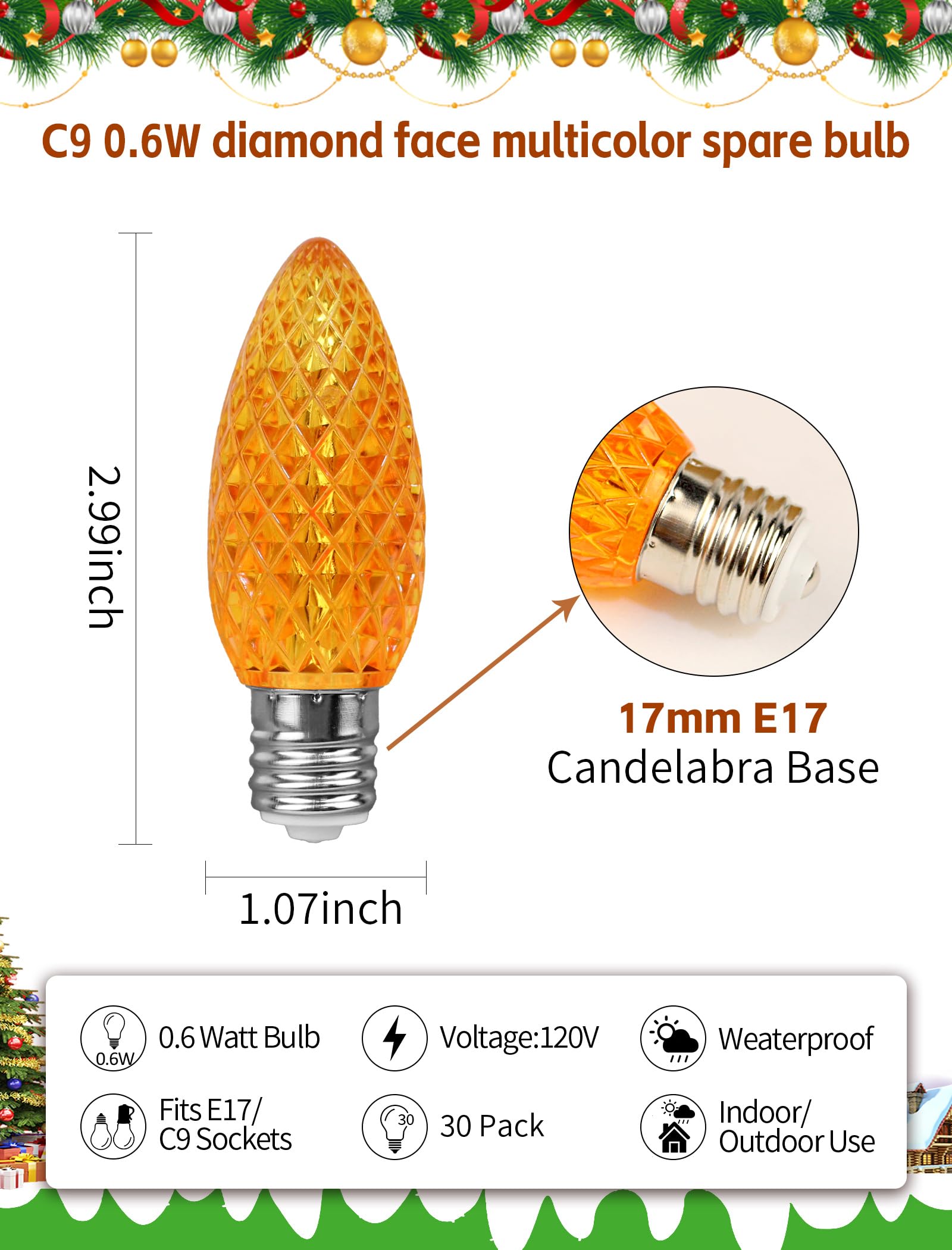 C9 LED Christmas Replacement Bulbs 30 Pack Warm White Shatterproof E17 Base