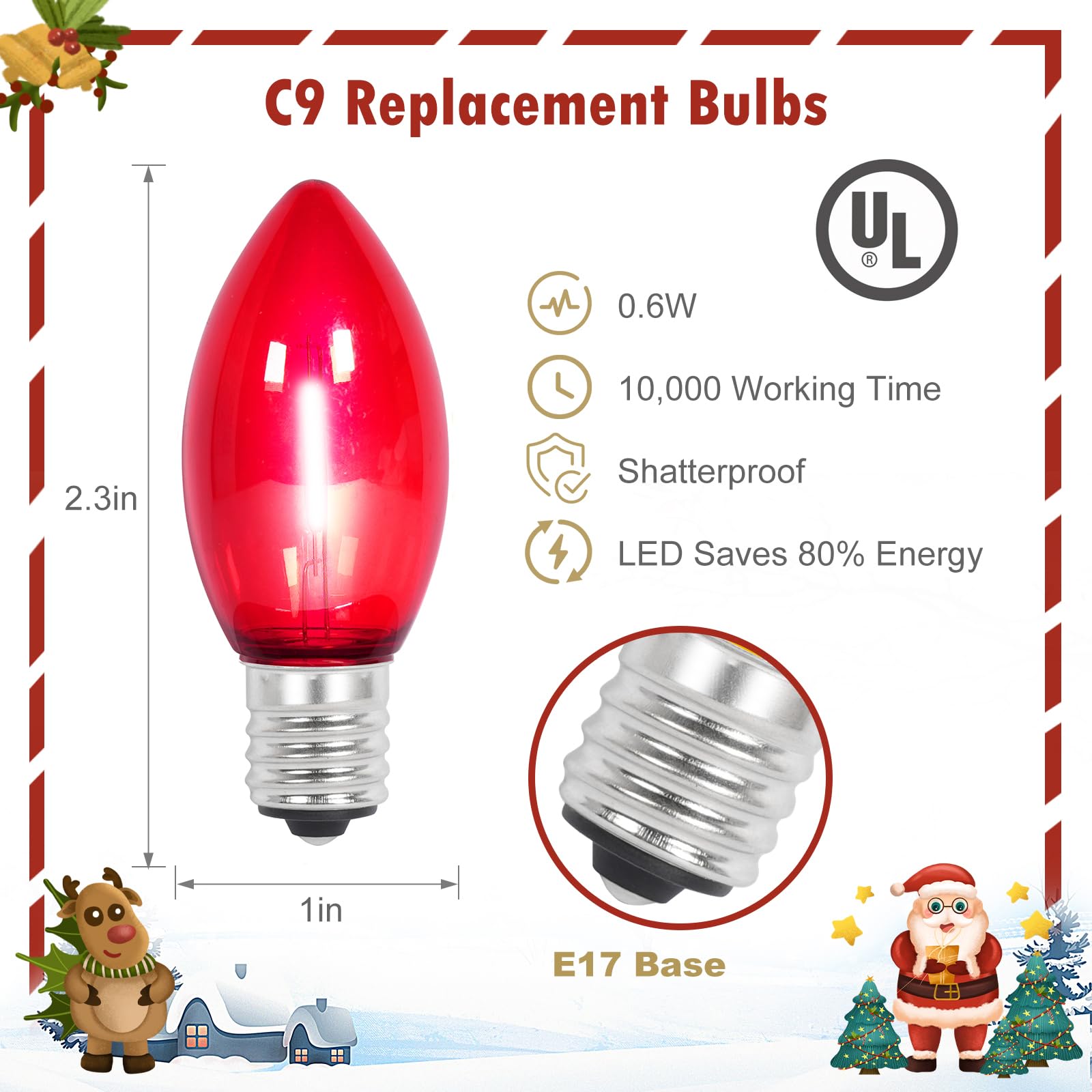 C9 LED Christmas Replacement Bulbs 25 Pack Warm White Shatterproof Dimmable E17 Base