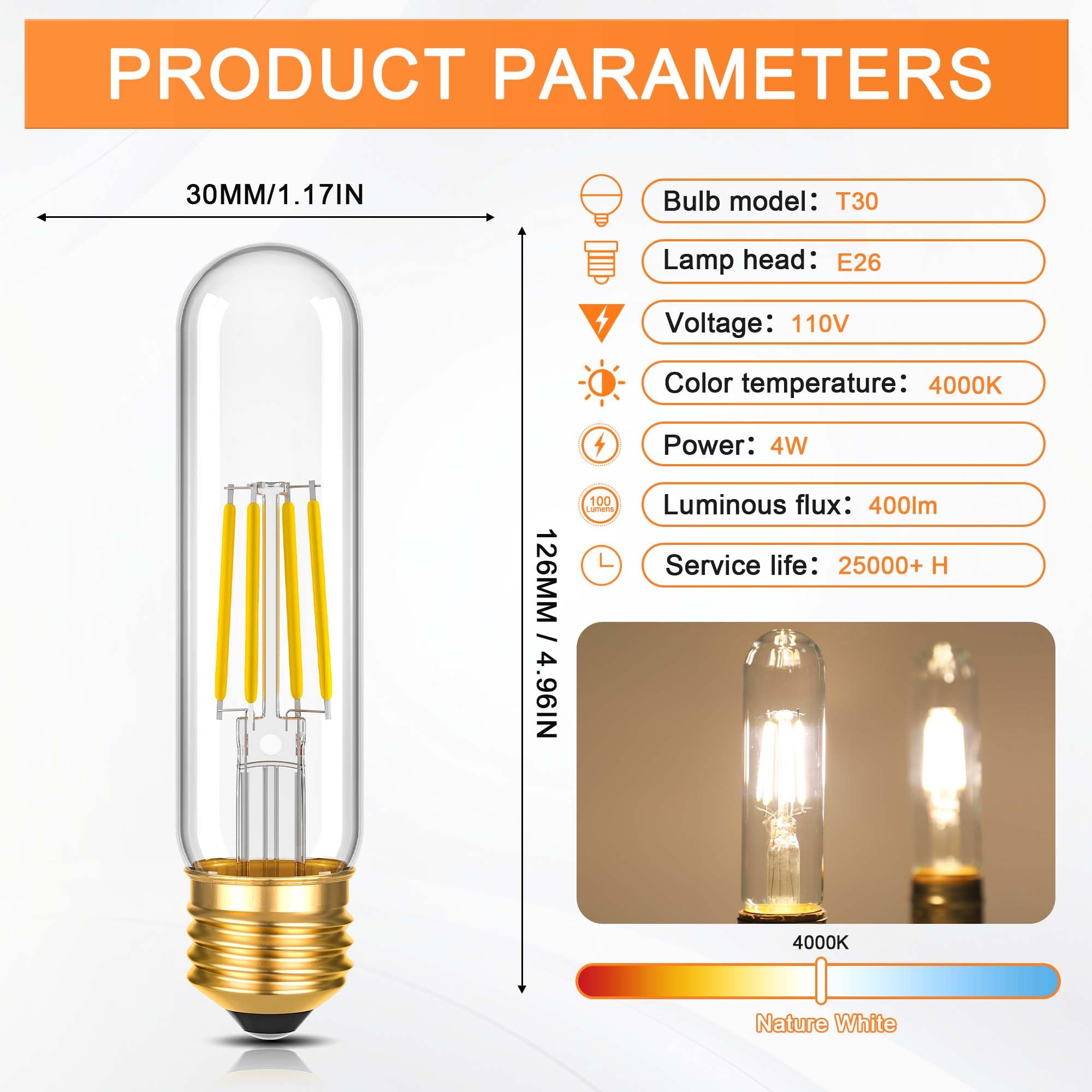 T30 T10 LED Tubular Bulb 4W 40W Equivalent Warm White 2700K Dimmable 2 Pack