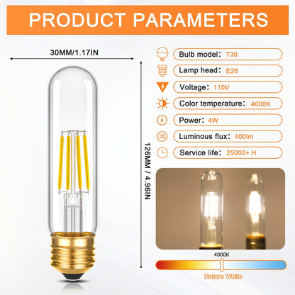 T30 T10 LED Tubular Bulb 4W 40W Equivalent Warm White 2700K Dimmable 2 Pack