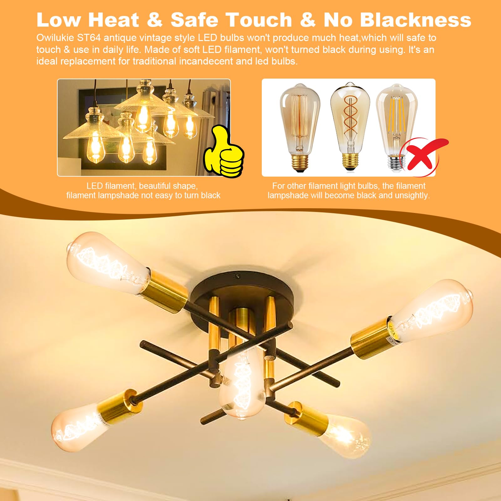 E26 LED Edison Bulb 4W 40W Equivalent Warm White 2200K Dimmable 4 Pack