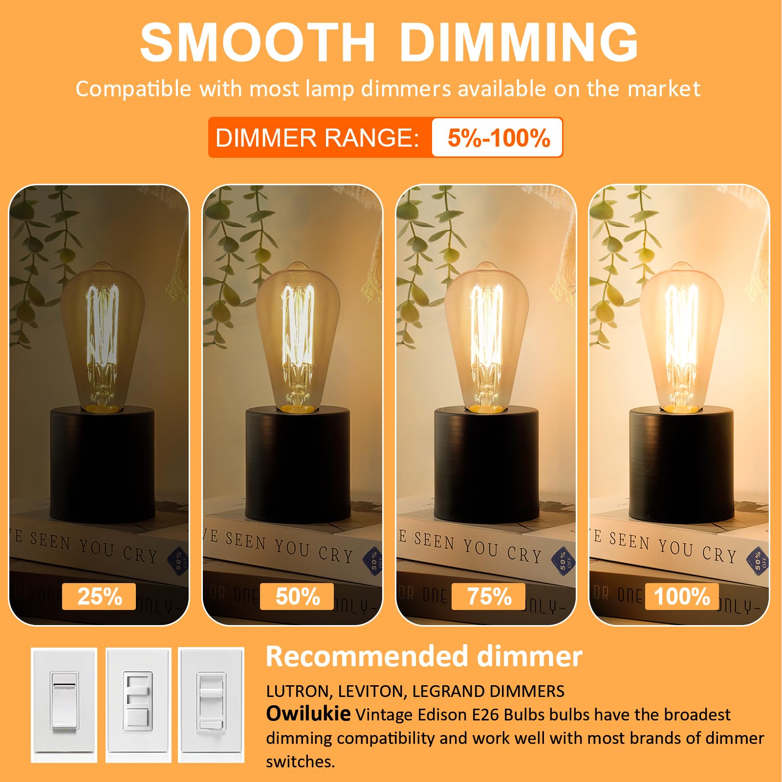 E26 LED Edison Bulb 4W 40W Equivalent Warm White 2200K Dimmable 4 Pack