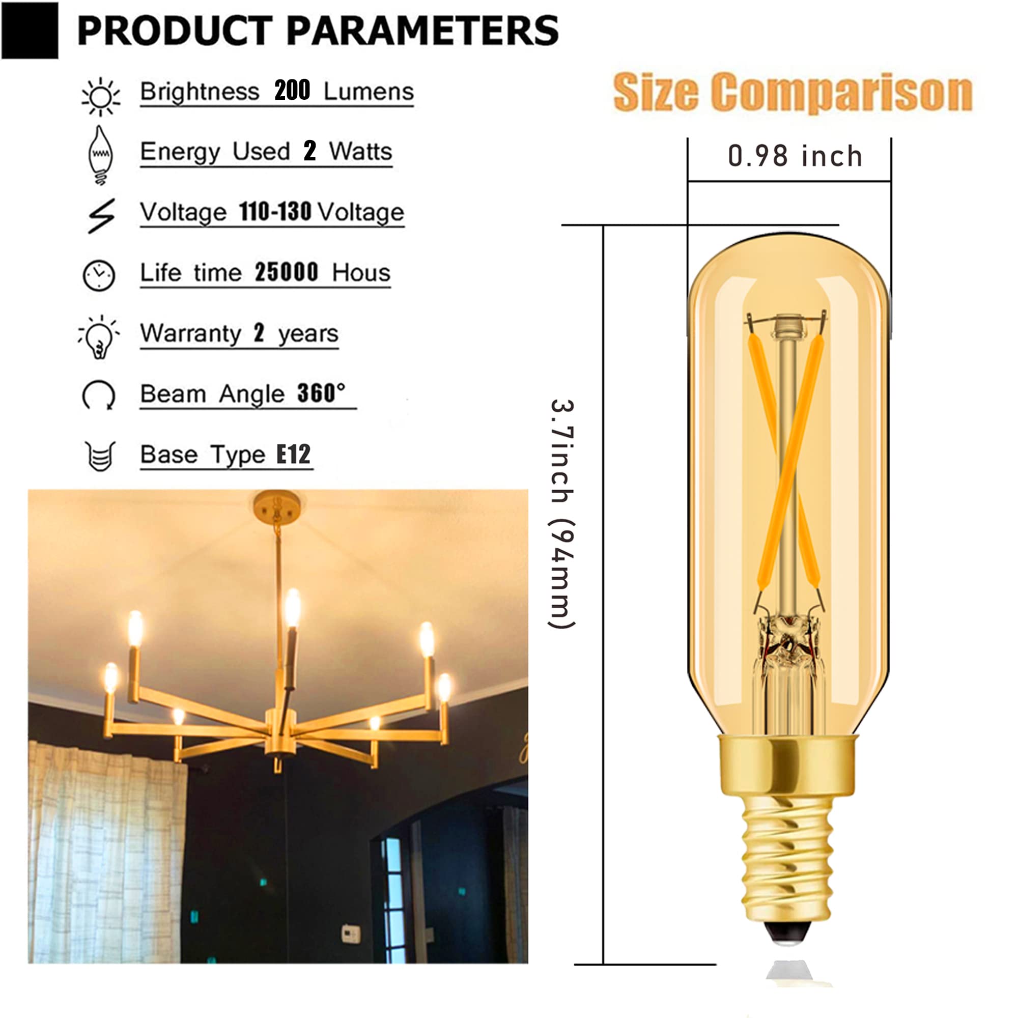 E12 LED Candelabra Bulb 2W Warm White 2500K Dimmable 12 Pack