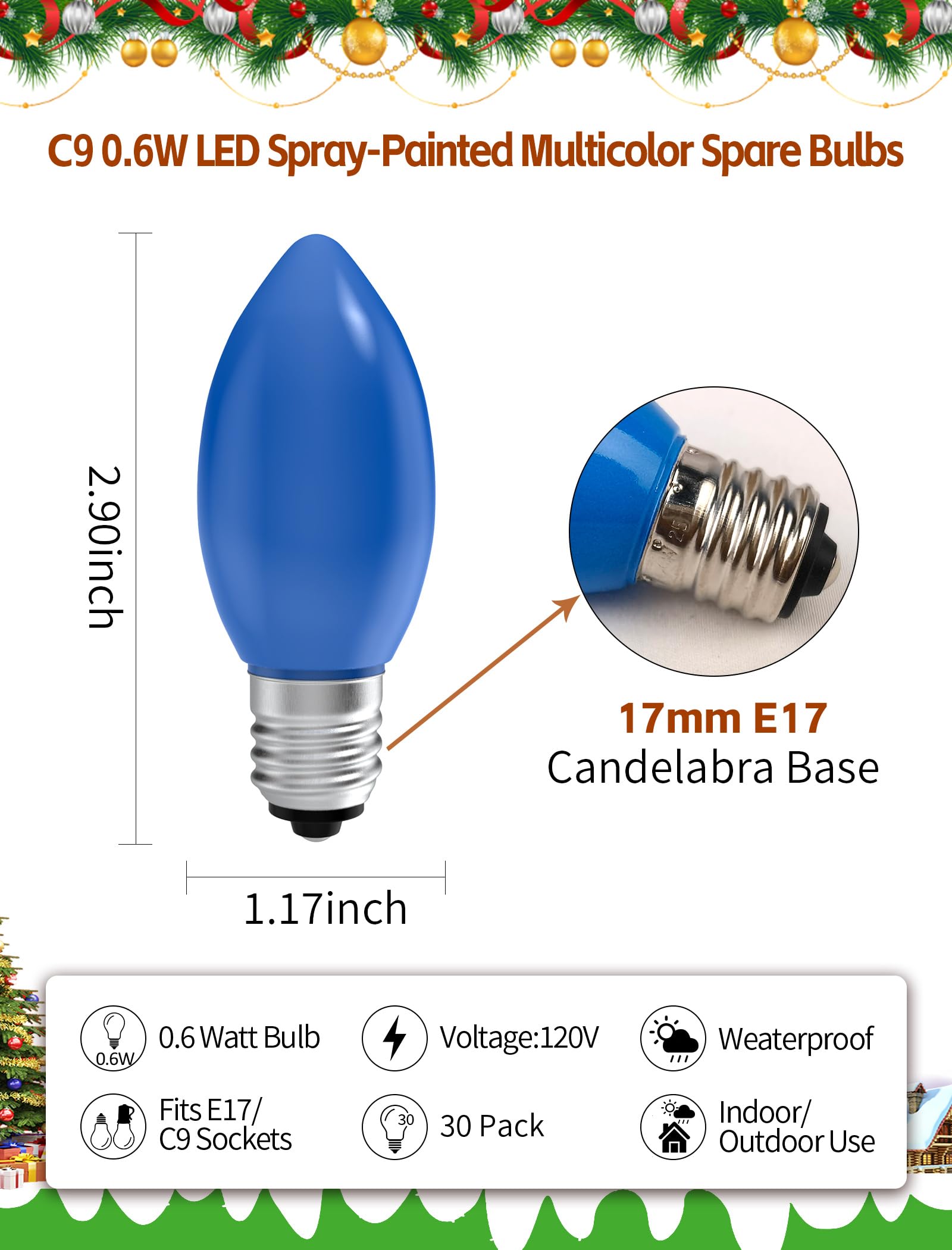 C9 LED Christmas Replacement Bulbs 30 Pack Warm White Shatterproof E17 Base