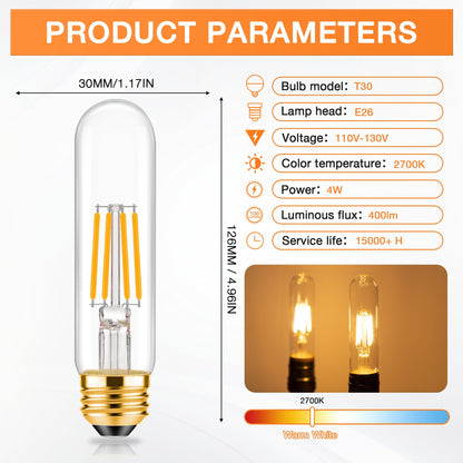 T30 T10 LED Tubular Bulb 4W 40W Equivalent Warm White 2700K Dimmable 2 Pack