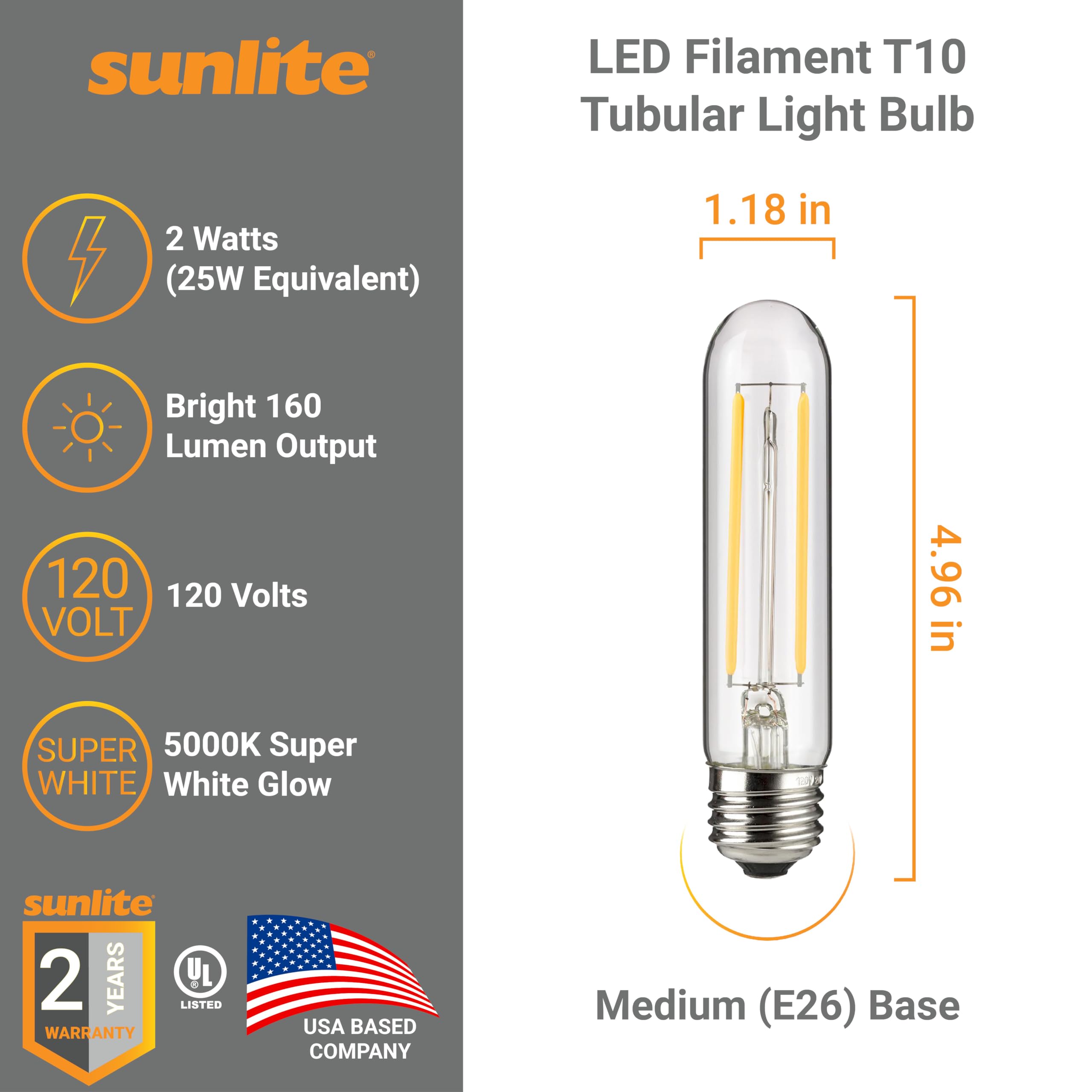 T10 Filament LED Bulb 2W 25W Equivalent Daylight 5000K Dimmable E26 1 Pack