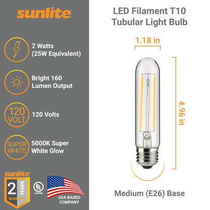 T10 Filament LED Bulb 2W 25W Equivalent Daylight 5000K Dimmable E26 1 Pack