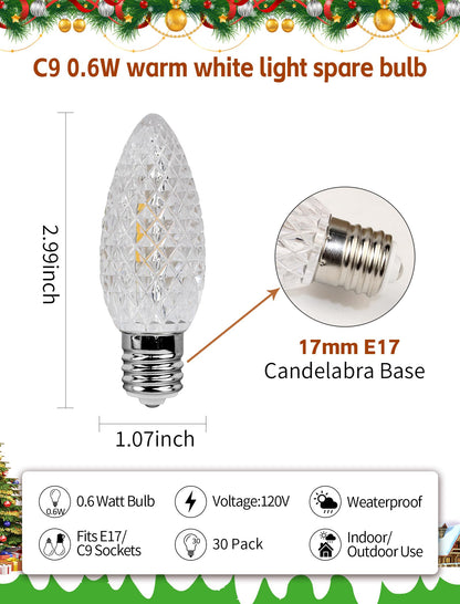 C9 LED Christmas Replacement Bulbs 30 Pack Warm White Shatterproof E17 Base