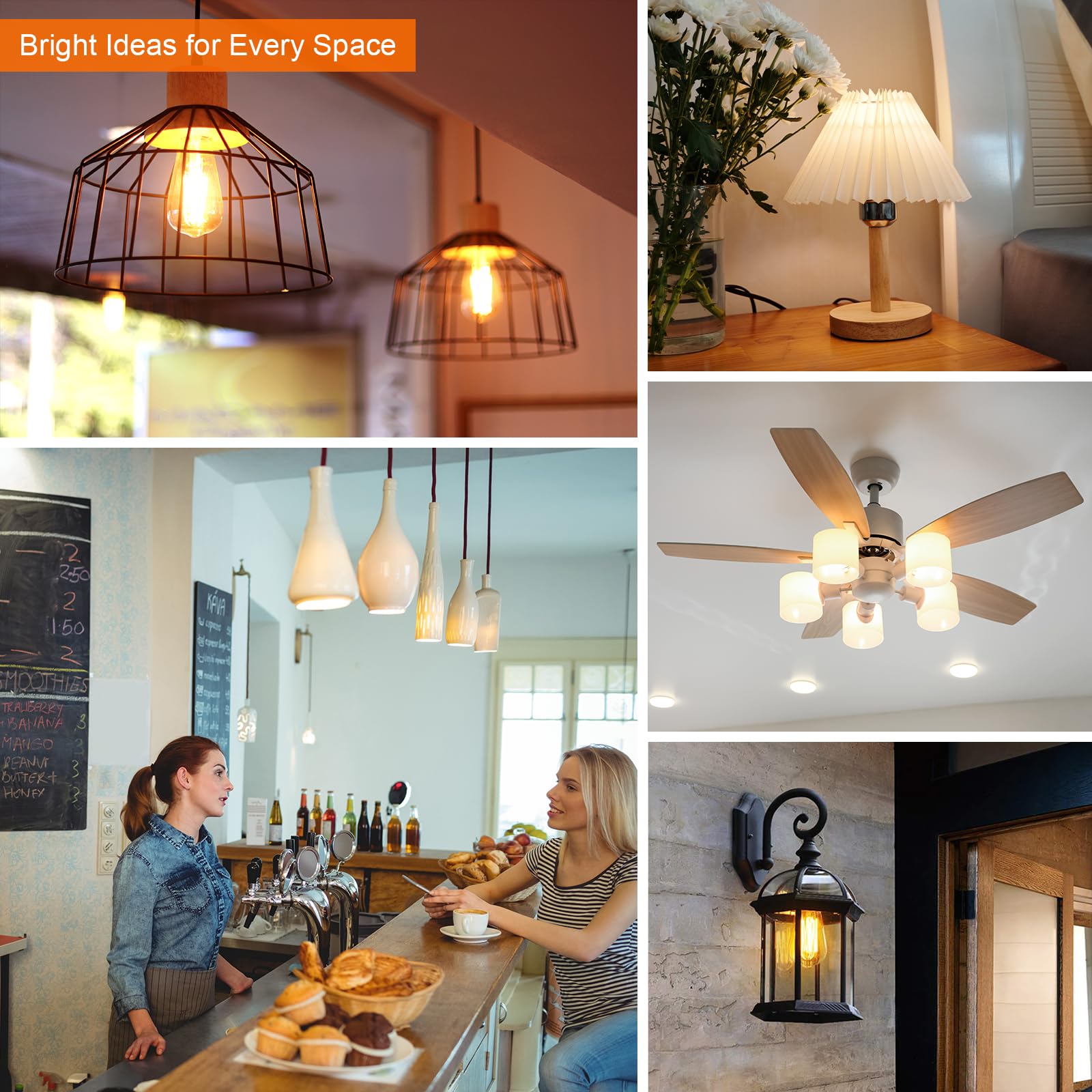 E26 LED Edison Bulb 8W 80W Equivalent Daylight 5000K Dimmable 6 Pack