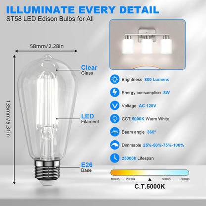E26 LED Edison Bulb 8W 80W Equivalent Daylight 5000K Dimmable 6 Pack