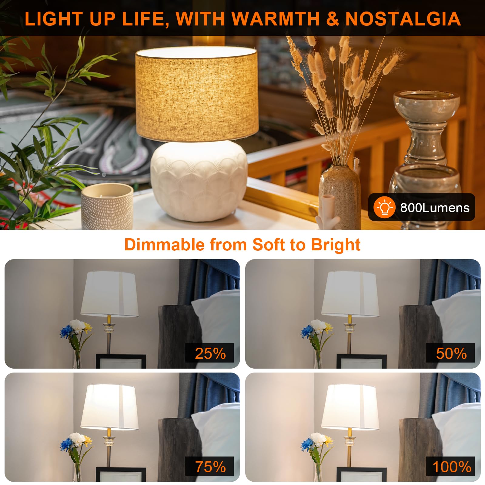 E26 LED Edison Bulb 8W 80W Equivalent Daylight 5000K Dimmable 6 Pack