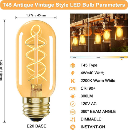 E26 LED Edison Bulb 4W 40W Equivalent Warm White 2200K Dimmable 2 Pack