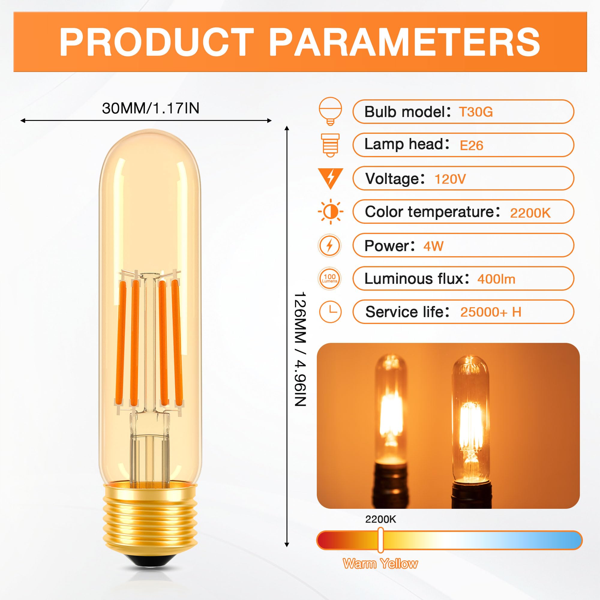 T30 T10 LED Tubular Bulb 4W 40W Equivalent Warm White 2700K Dimmable 2 Pack