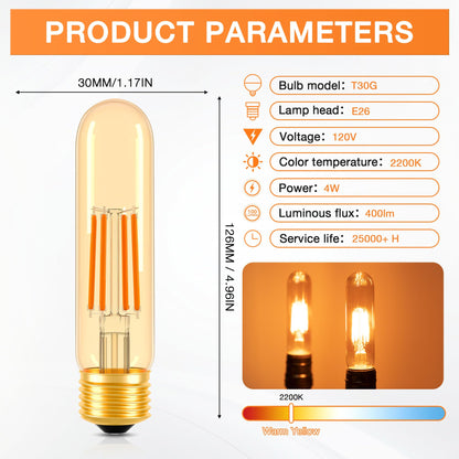 T30 T10 LED Tubular Bulb 4W 40W Equivalent Warm White 2700K Dimmable 2 Pack