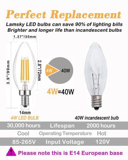 E14 LED Chandelier Bulb 4W 40W Equivalent Warm White Dimmable 6 Pack