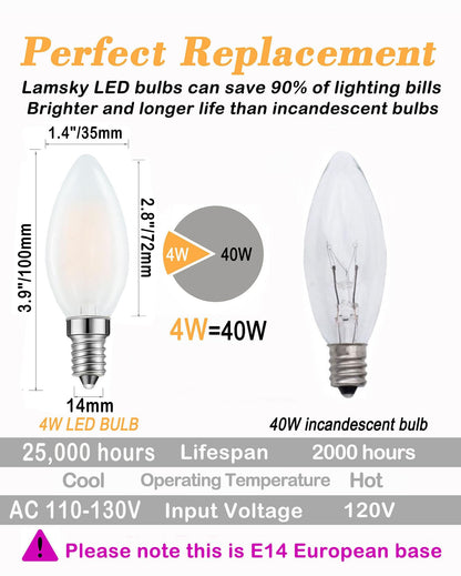 E14 LED Chandelier Bulb 4W 40W Equivalent Warm White Dimmable 6 Pack