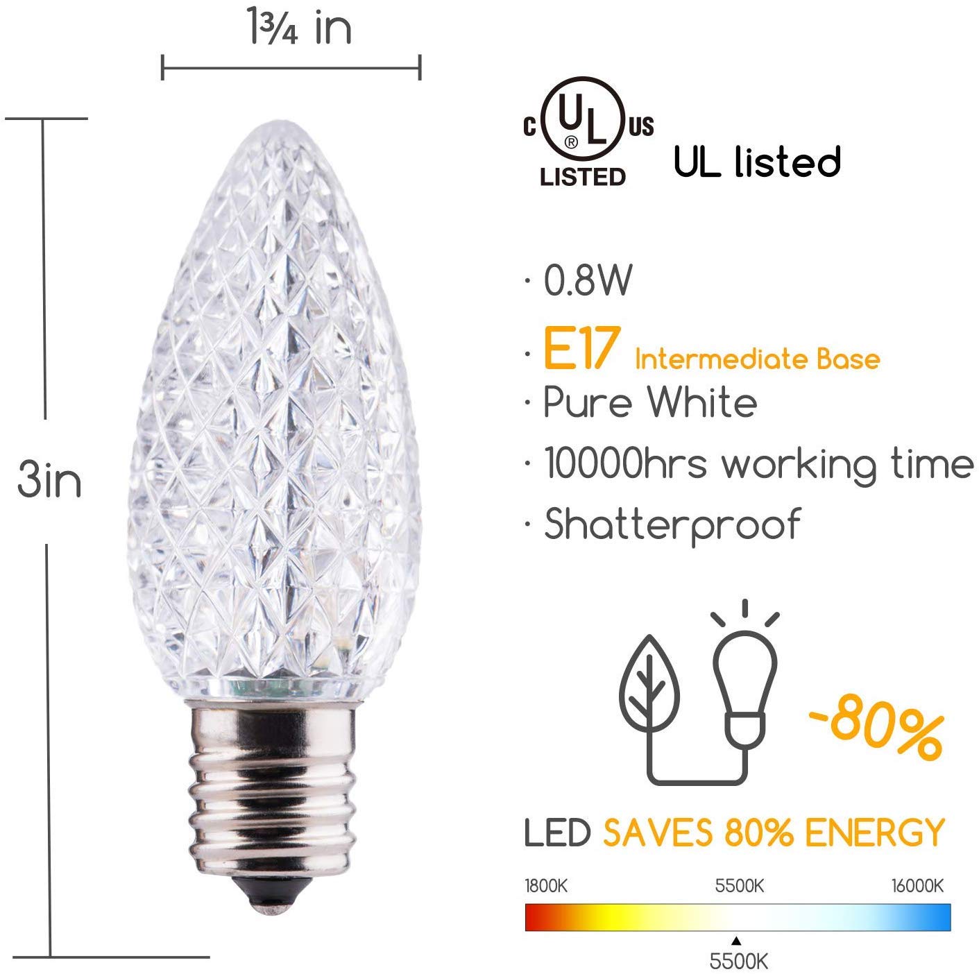 C9 LED Christmas Replacement Bulbs 50 Pack Cool White Shatterproof E17 Base