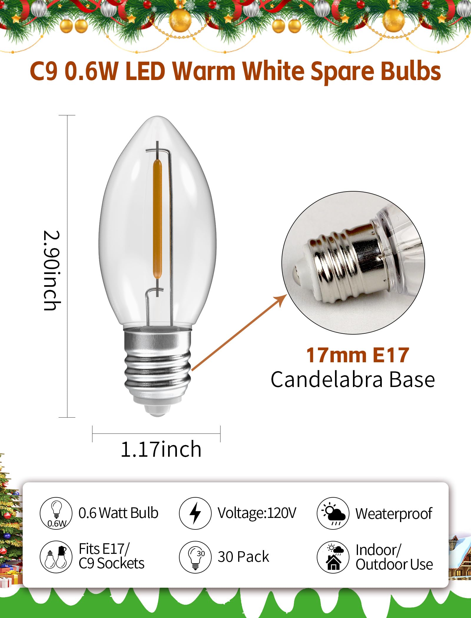 C9 LED Christmas Replacement Bulbs 30 Pack Warm White Shatterproof E17 Base