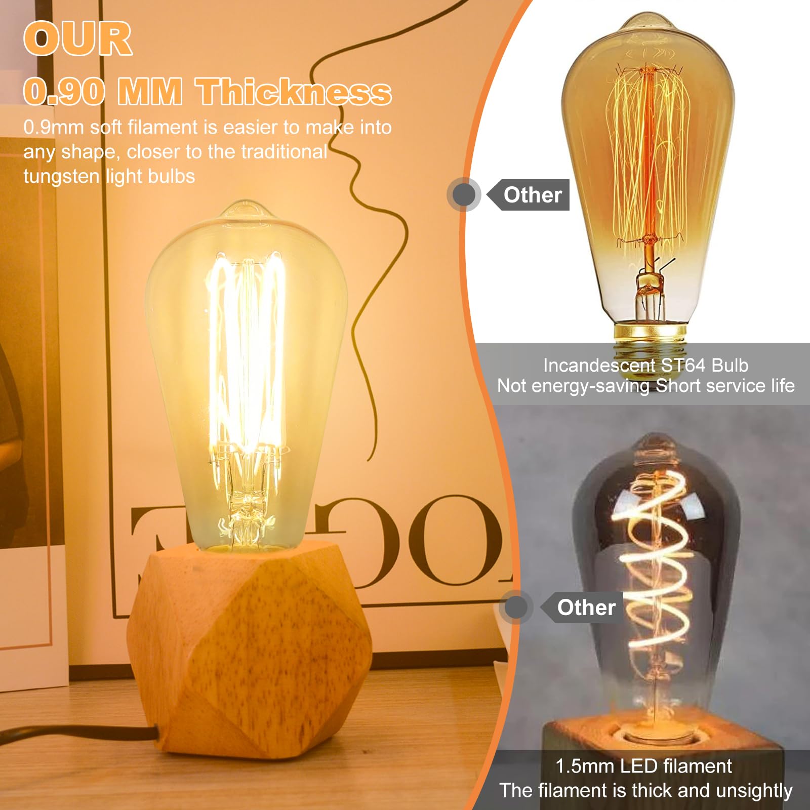 E26 LED Edison Bulb 4W 40W Equivalent Warm White 2200K Dimmable 4 Pack